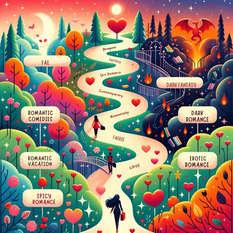 Whimsical illustration depicting a reader's journey through romance novel genres including Spicy Romance, Romantic Comedy, Fantasy, Romantacy, FAE, FAERIE, Dark Fantasy, and Fantasy Romance, with vibrant garden, mysterious forest, fiery bridge, and magical realm visual elements