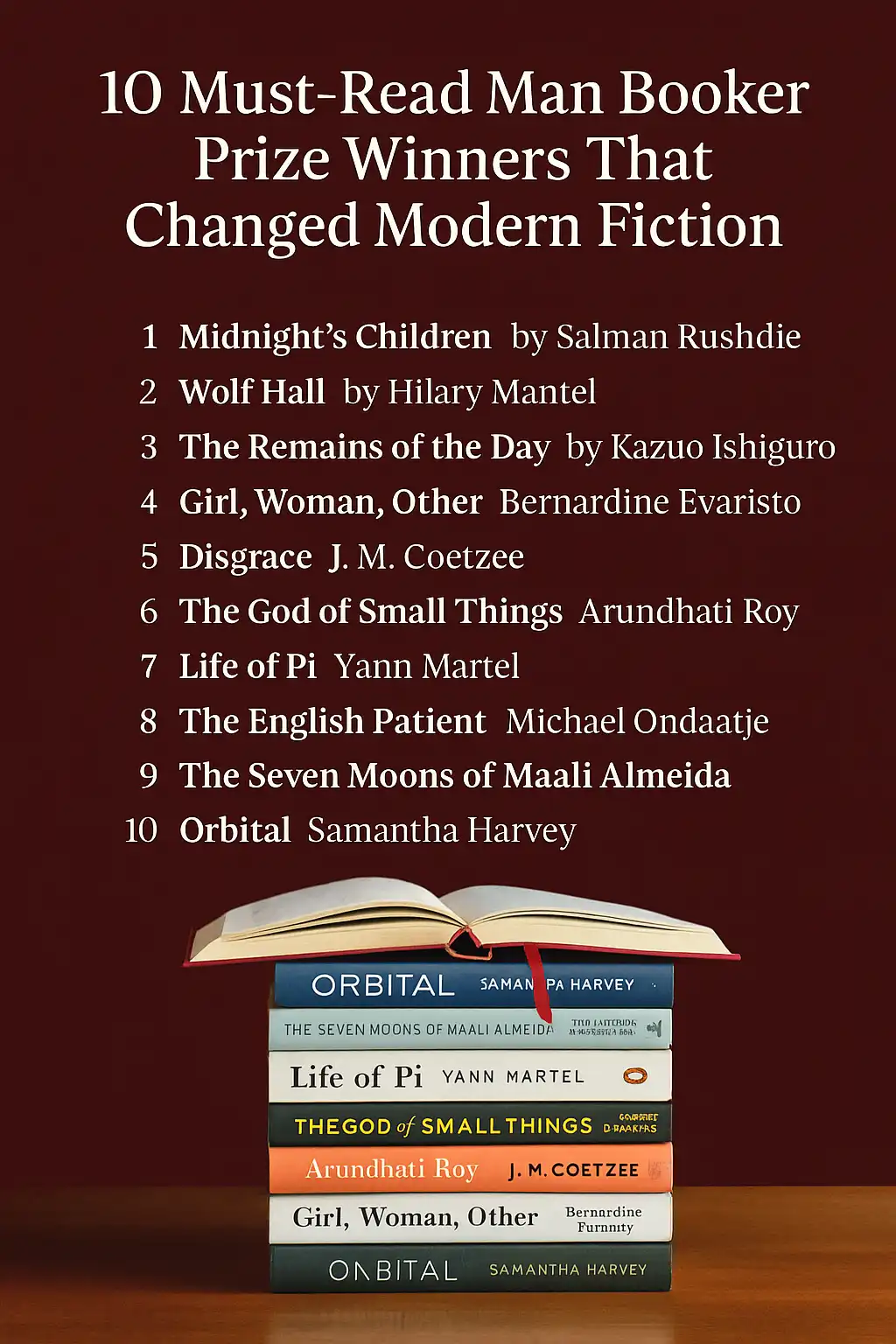 Graphic listing 10 must-read Man Booker Prize-winning novels with titles and authors displayed on a burgundy background, featuring a stacked pile of books with an open book on top
