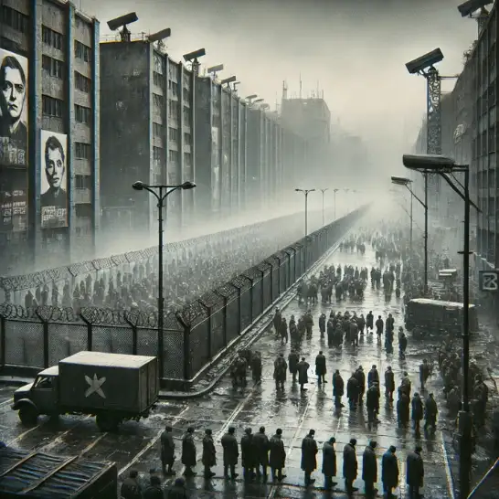 A dark, dystopian cityscape under a grey, polluted sky. Crumbling buildings covered in propaganda posters, barbed wire fences, and surveillance cameras. Crowds of weary, expressionless people in ragged clothes walk past armed guards. No greenery, just concrete, smog, and artificial lighting. The atmosphere is oppressive, cold, and hopeless—like freedom has been erased.